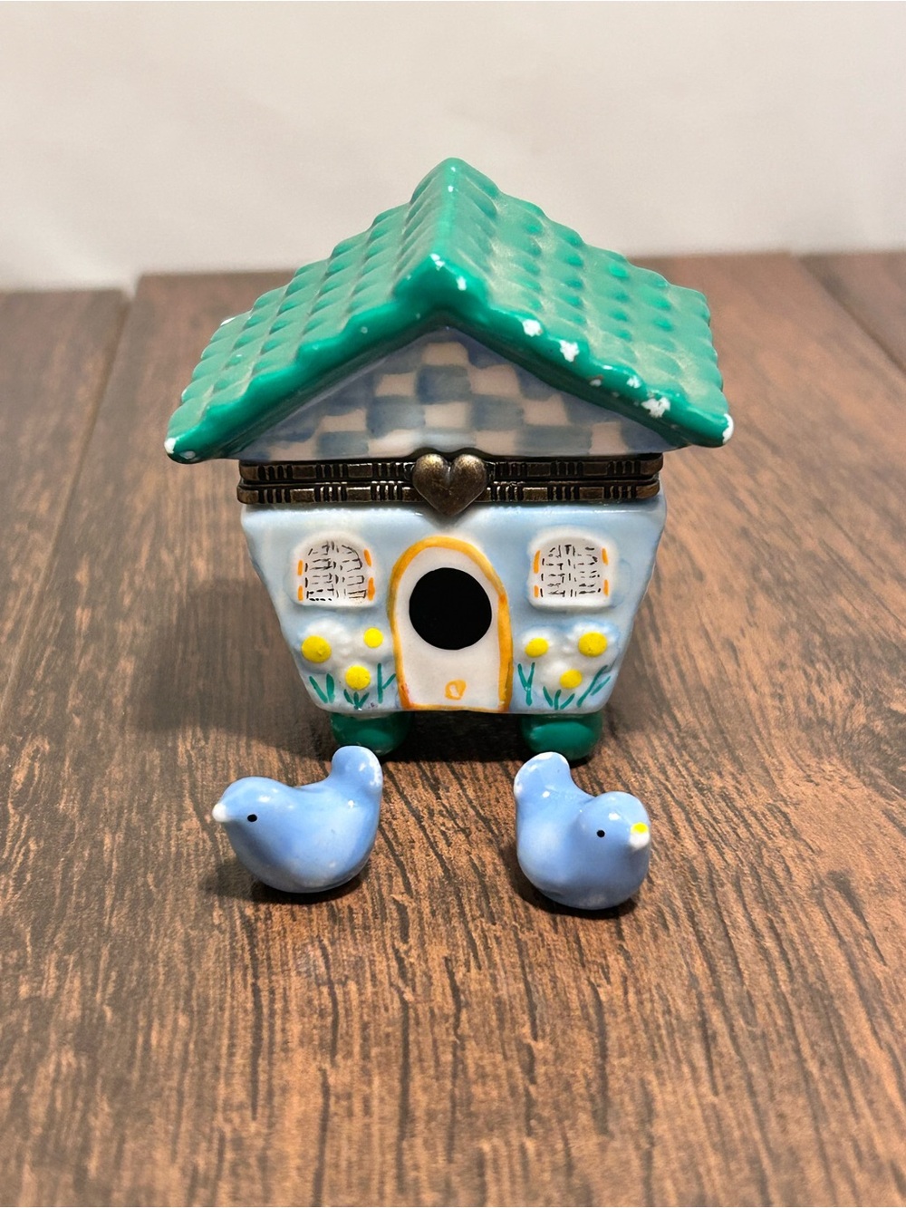 Porcelain Hinged Trinket Box Birdhouse With Two Blue Birds Vintage